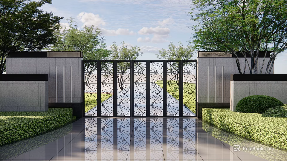 Modern Building Exterior With Decorative Metal Gate Lush Greenery And Reflective Ground Design 3d model 