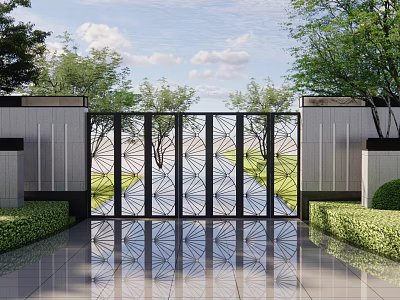 Modern Building Exterior With Decorative Metal Gate Lush Greenery And Reflective Ground Design 3d model