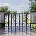Modern Building Exterior With Decorative Metal Gate Lush Greenery And Reflective Ground Design
