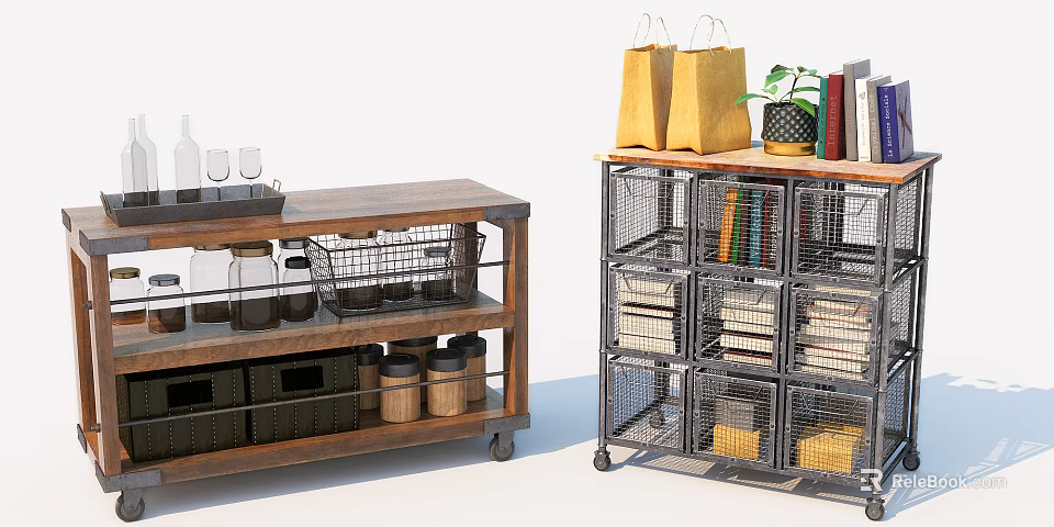 Wooden Metal Mesh Entryway Side Cabinet With Storage Baskets Wheels Shopping Bags Potted Plant Books 3d model 