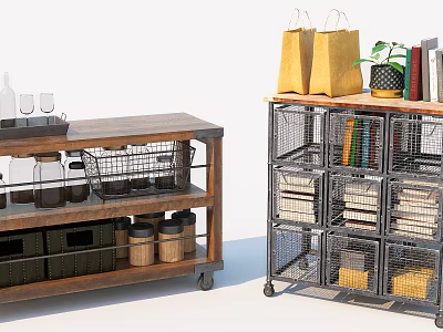Wooden Metal Mesh Entryway Side Cabinet With Storage Baskets Wheels Shopping Bags Potted Plant Books 3d model