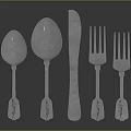 Five Piece Minimalist Silver Tableware Set with Patterned Handles on Black Reflective Background