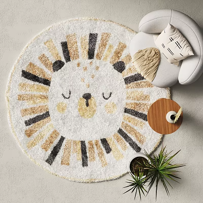Round Lion Face Area Rug With White Gold Black Design For Kids Room Decor 3d model