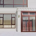 Elegant Entrance Door With Copper Frame Glass Window Wall Lamp And White Building Wall