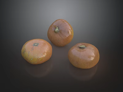 Three Orange Pumpkins Displayed On Dark Background With Smooth Surface 3d model