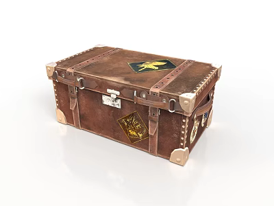 Vintage Brown Leather Trunk With Metal Clasps Gold Emblems And Decorative Straps 3d model