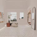 Charming Dessert Shop Interior Featuring Pink Staircase Open Space Marble Table And Cozy Seating