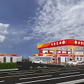 Bright Gas Station Exterior Design With Yellow Red Canopy Fuel Pumps And Vehicles