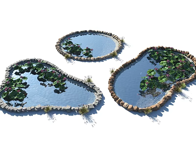 Natural Style Water Fountain With Stone Edged Ponds Lily Pads And Calm Water 3d model