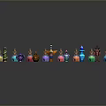 Colorful Small Bottles Arranged In Pattern On Black Background With Various Hues