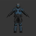 Futuristic Armored Character In Blue And Black Armor With Helmet And Mechanical Design Features
