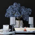Elegant Dinnerware Set With Plates Bowls Cutlery Wine Glasses Fresh Grapes And Blue Hydrangea Bouquet