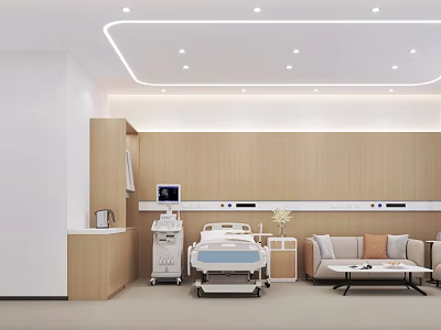 Modern Hospital Outpatient Clinic With Hospital Bed Medical Equipment Sofa Coffee Table And Wooden Wall 3d model