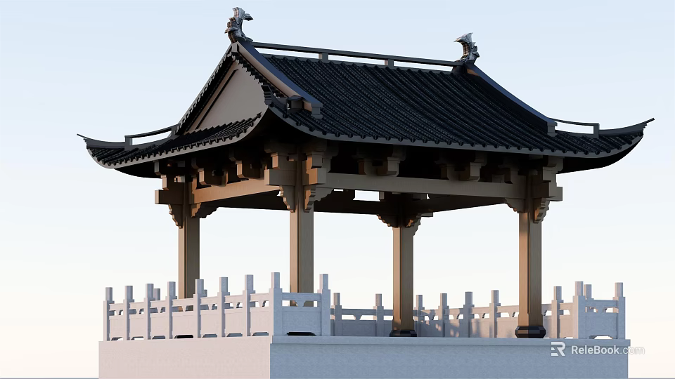 Traditional Chinese Garden Landscape With Classic Pavilion Black Tiled Roof And White Railings 3d model 