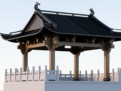 Traditional Chinese Garden Landscape With Classic Pavilion Black Tiled Roof And White Railings 3d model