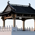 Traditional Chinese Garden Landscape With Classic Pavilion Black Tiled Roof And White Railings