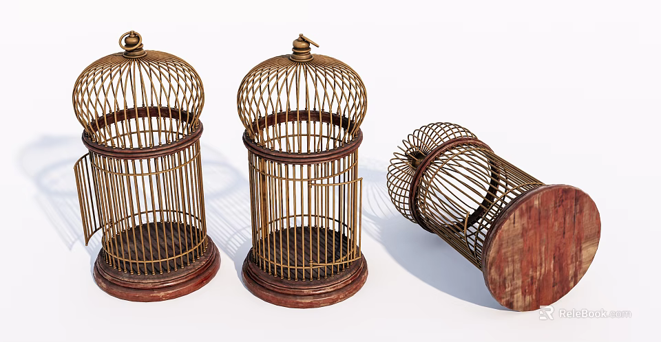Wicker Birdcage Decorative Ornament Set With Wooden Base Two Standing One Overturned 3d model 