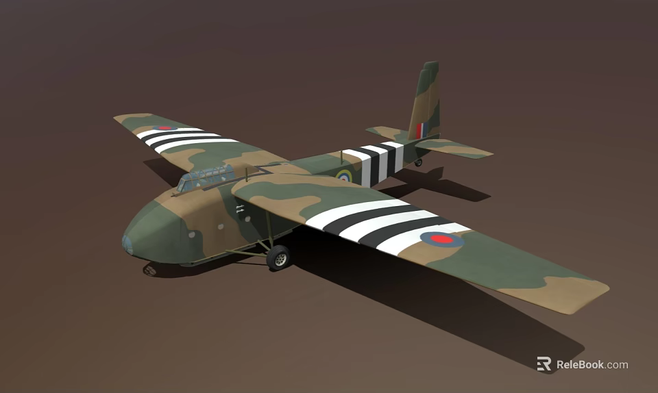 Military Fighter Aircraft With Camouflage Paint Green Brown Black White Striped Wings Round Insignia 3d model 