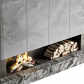 Modern Fireplace With Gray Panel Stone Base Burning Fire And Firewood 3d model