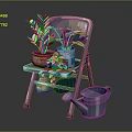 Green Plants in Decorative Flower Pots on Metal Folding Chair with Watering Can