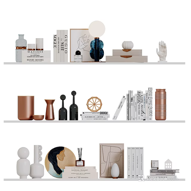 Elegant Decorative Ornament Set With Vases Books Sculptures And Shelf Decor 3d model 