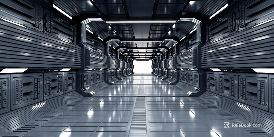 Cartoon Scene of Futuristic Corridor with Metallic Texture Symmetrical Structure Reflective Floor and Mechanical Devices 3d model 