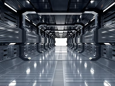 Cartoon Scene of Futuristic Corridor with Metallic Texture Symmetrical Structure Reflective Floor and Mechanical Devices 3d model