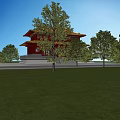 Ancient Chinese Architecture Red Building With Yellow Roof Ornate Cornices Carvings White Railings And Steps