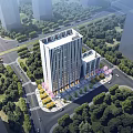 Aerial View Planning of Modern High Rise Building with Surrounding Green Trees and Roads