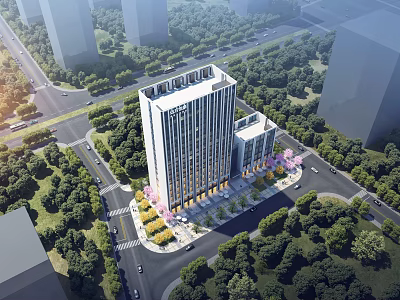 Aerial View Planning of Modern High Rise Building with Surrounding Green Trees and Roads 3d model