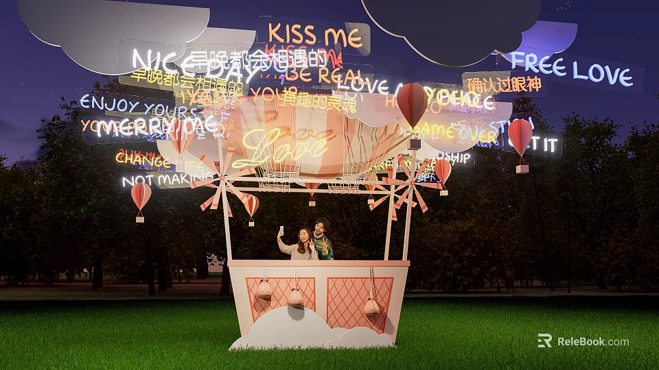 Romantic Hot Air Balloon Shaped Photo Spot With Love Kiss Me Neon Signs At Night 3d model 