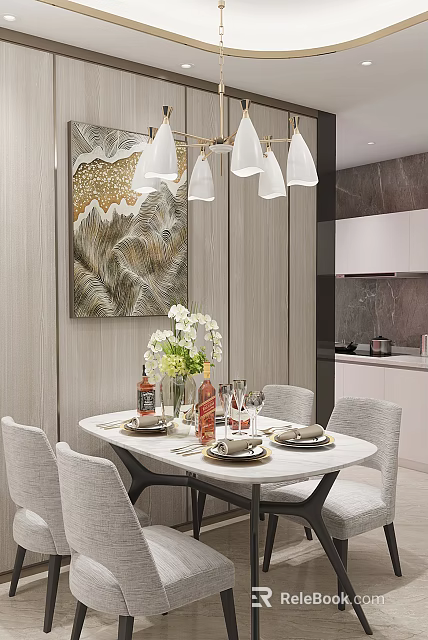 Modern Restaurant Interior With Round Dining Table Tableware Vase Flowers Gray Chairs Decorative Painting Chandeliers 3d model 
