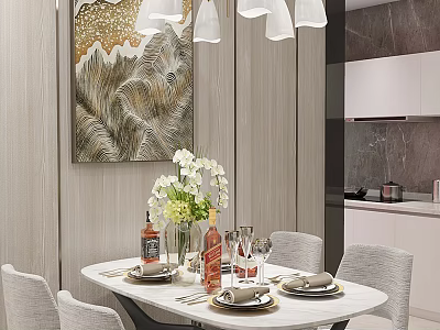 Modern Restaurant Interior With Round Dining Table Tableware Vase Flowers Gray Chairs Decorative Painting Chandeliers 3d model