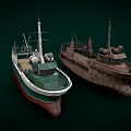 Two Vintage Fishing Boats With Green Brown Hulls And Deck Equipment