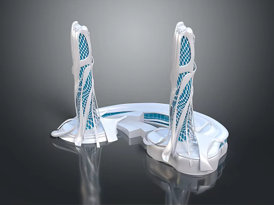 Cartoon Scene Of Two Tall Futuristic White Structures With Blue Grid Patterns And Circular Base 3d model