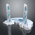 Cartoon Scene Of Two Tall Futuristic White Structures With Blue Grid Patterns And Circular Base