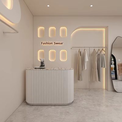 Stylish Clothing Store Interior With Beige Walls Illuminated Square Accents Clothing Racks And White Counter 3d model