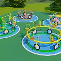 Outdoor Children's Play Equipment With Rotating Circular Structures Colorful Frames Seats And Wheels