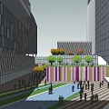 Modern Architectural Open Plaza With People Walking Trees Flowers And Glass Buildings