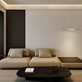 Modern Living Dining Room With Pendant Lights TV Wall Sofa And Wooden Table