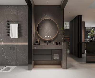 Modern Bathroom Interior Design With Marble Walls Round Mirror Vanity Towel Rack And Plant 3d model