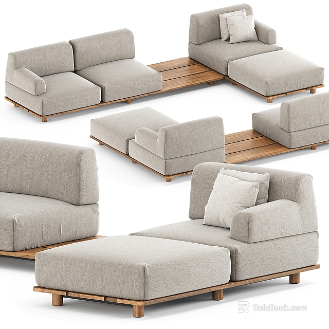 Modern Light Gray Modular Sofa Set With Wooden Base And Comfortable Design 3d model 