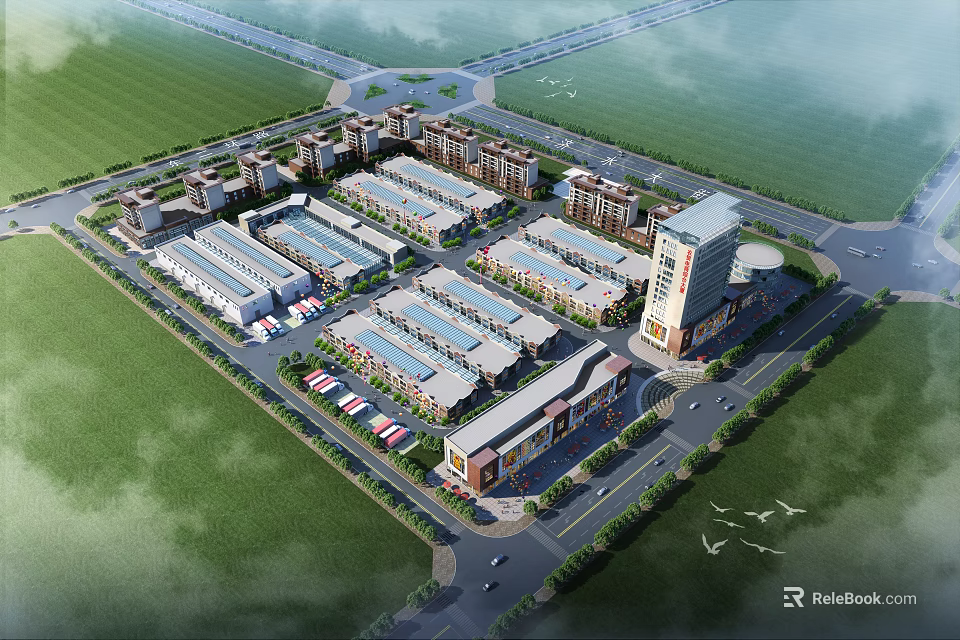 Aerial Planning of Large Commercial Complex with Modern Buildings Road Network and Green Spaces 3d model 