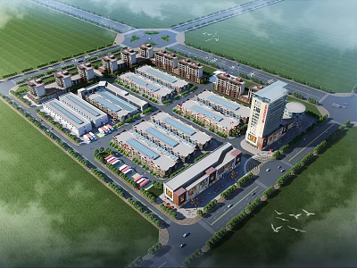 Aerial Planning of Large Commercial Complex with Modern Buildings Road Network and Green Spaces 3d model