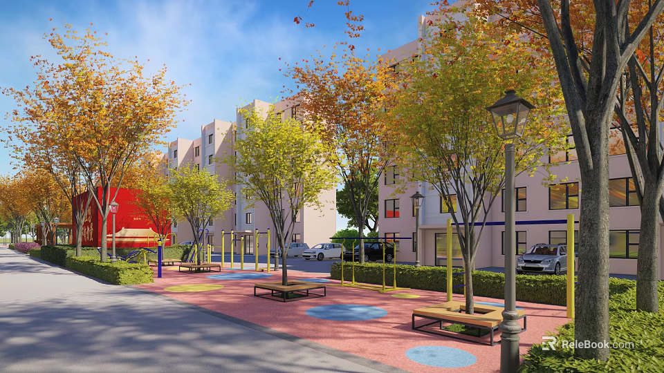 Scenic Residential Landscape With Green Trees Wooden Benches And Colorful Pathway By Buildings 3d model 