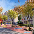 Scenic Residential Landscape With Green Trees Wooden Benches And Colorful Pathway By Buildings