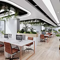 Modern Open Public Office Interior Design With Tables Chairs Plants Hanging Lights And Windows
