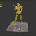Detailed Golden Armor Figure With Blue Hair Standing On Stone Pedestal Featuring Aries Shion Inscription