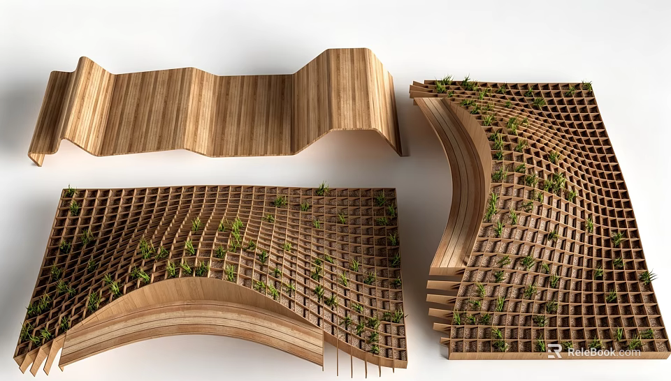 Wooden Outdoor Chair With Wavy Design And Lattice Structure Featuring Green Plants 3d model 