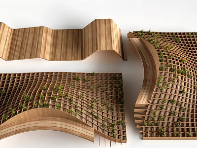 Wooden Outdoor Chair With Wavy Design And Lattice Structure Featuring Green Plants 3d model